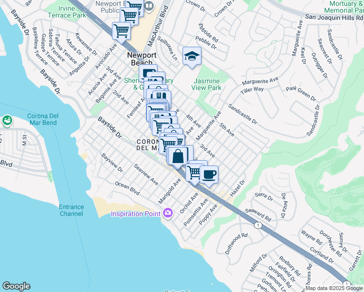 map of restaurants, bars, coffee shops, grocery stores, and more near 516 Larkspur Avenue in Newport Beach