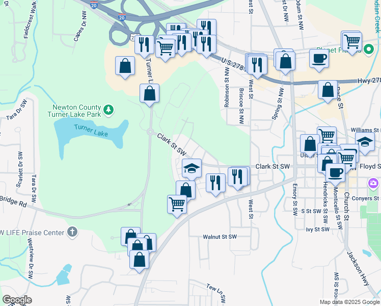 map of restaurants, bars, coffee shops, grocery stores, and more near 5118 North Pratt Street in Covington