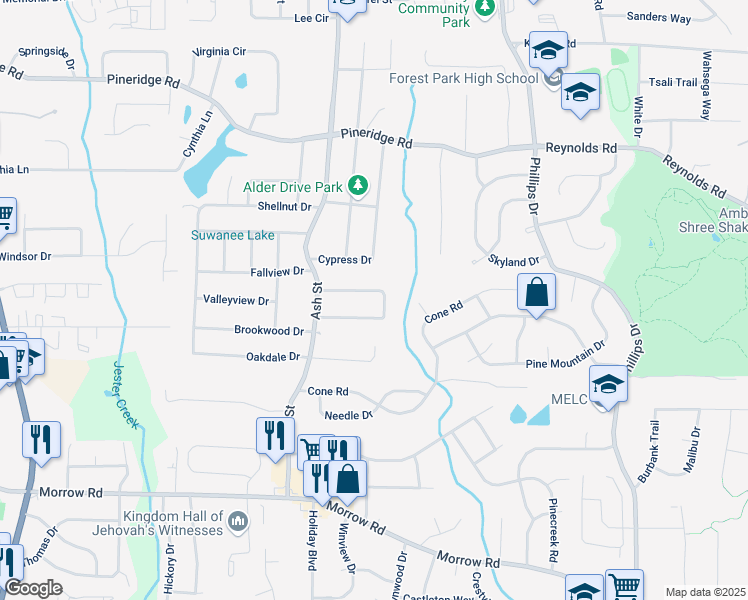 map of restaurants, bars, coffee shops, grocery stores, and more near 878 Sherwood Circle in Forest Park