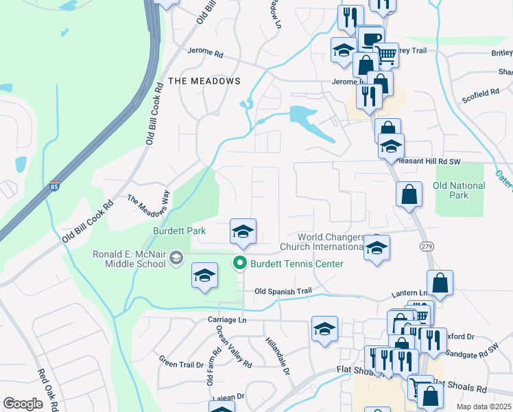 map of restaurants, bars, coffee shops, grocery stores, and more near 5750 Old Carriage Drive in Atlanta