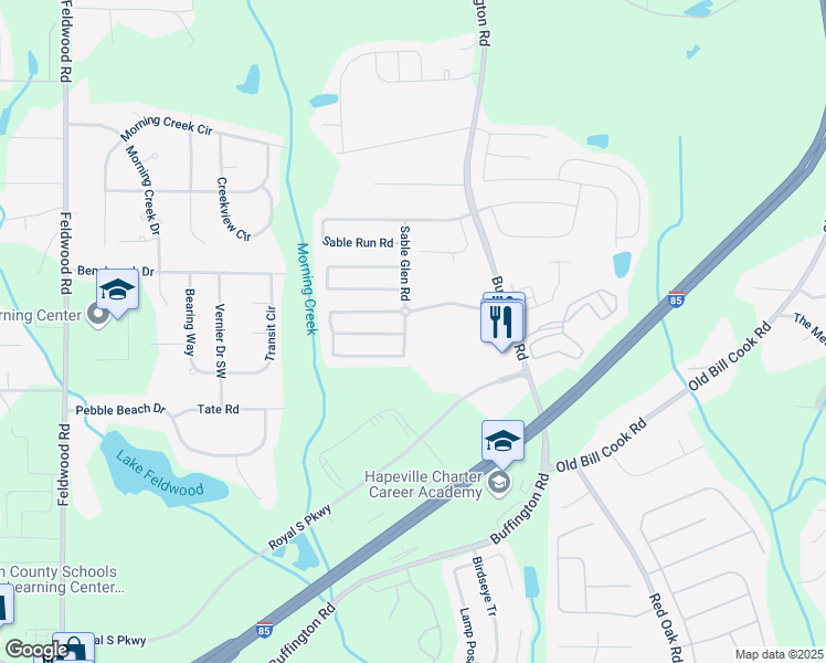 map of restaurants, bars, coffee shops, grocery stores, and more near 5870 Sable Glen Road in Atlanta