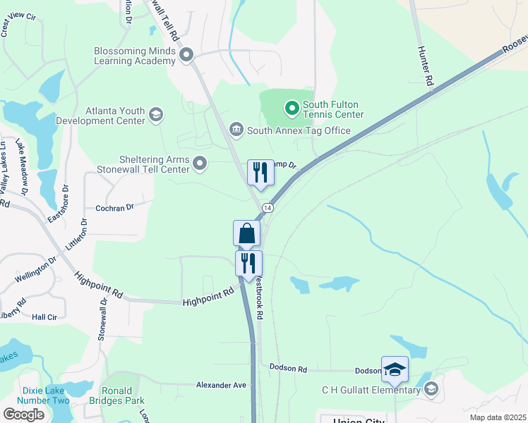 map of restaurants, bars, coffee shops, grocery stores, and more near Stonewall Tell Road in Atlanta
