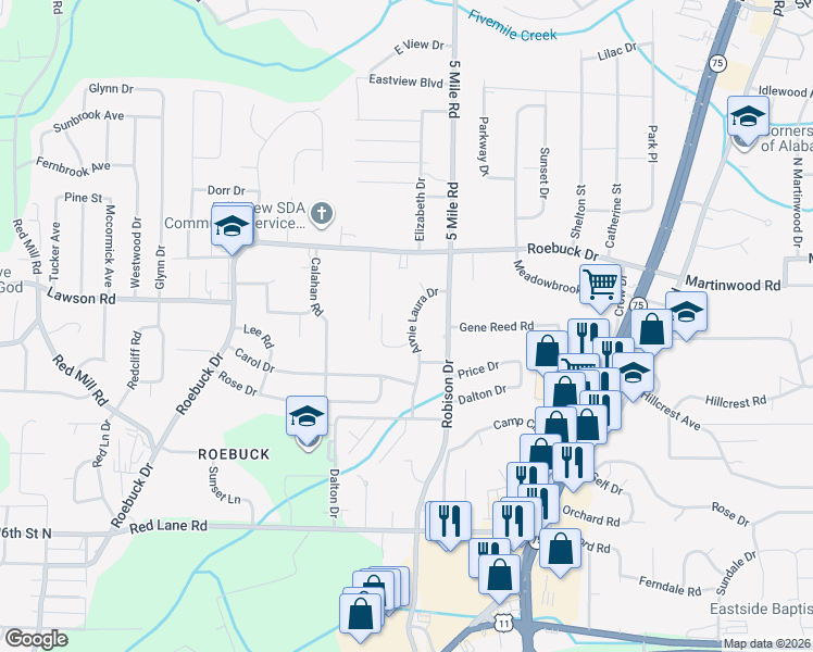 map of restaurants, bars, coffee shops, grocery stores, and more near 637 Annie Laura Drive in Birmingham