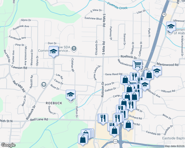 map of restaurants, bars, coffee shops, grocery stores, and more near 637 Annie Laura Drive in Birmingham