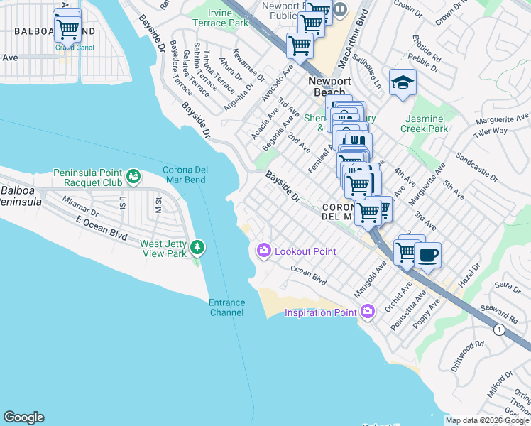map of restaurants, bars, coffee shops, grocery stores, and more near 2614 Ocean Boulevard in Newport Beach