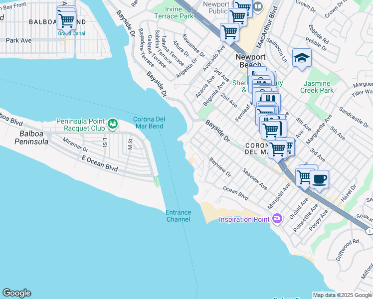 map of restaurants, bars, coffee shops, grocery stores, and more near 2525 Ocean Boulevard in Newport Beach
