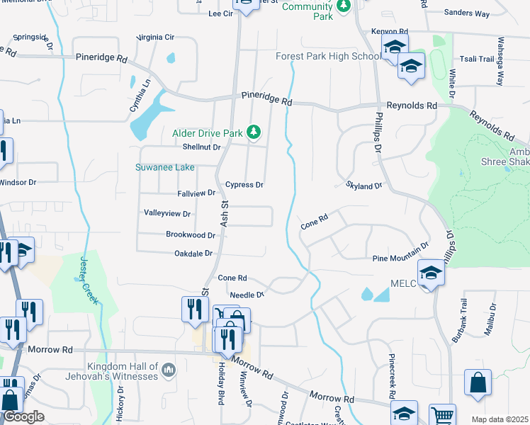 map of restaurants, bars, coffee shops, grocery stores, and more near 878 Sherwood Circle in Forest Park