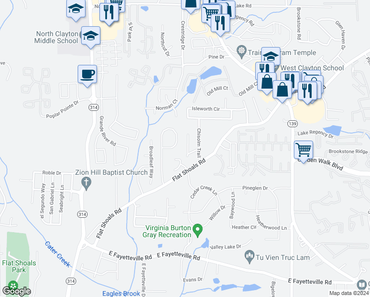 map of restaurants, bars, coffee shops, grocery stores, and more near 5769 Antelope Trail in Atlanta