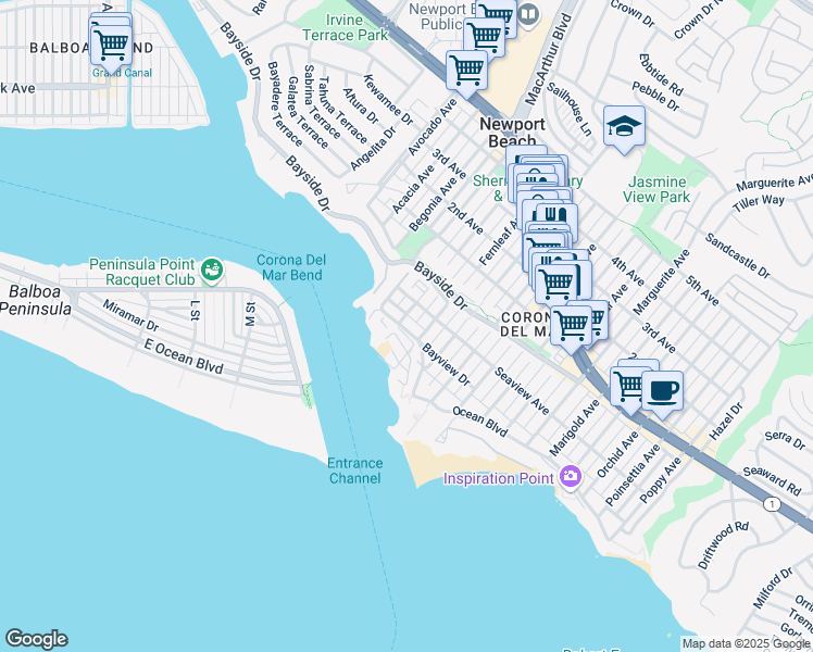 map of restaurants, bars, coffee shops, grocery stores, and more near 2614 Ocean Boulevard in Newport Beach