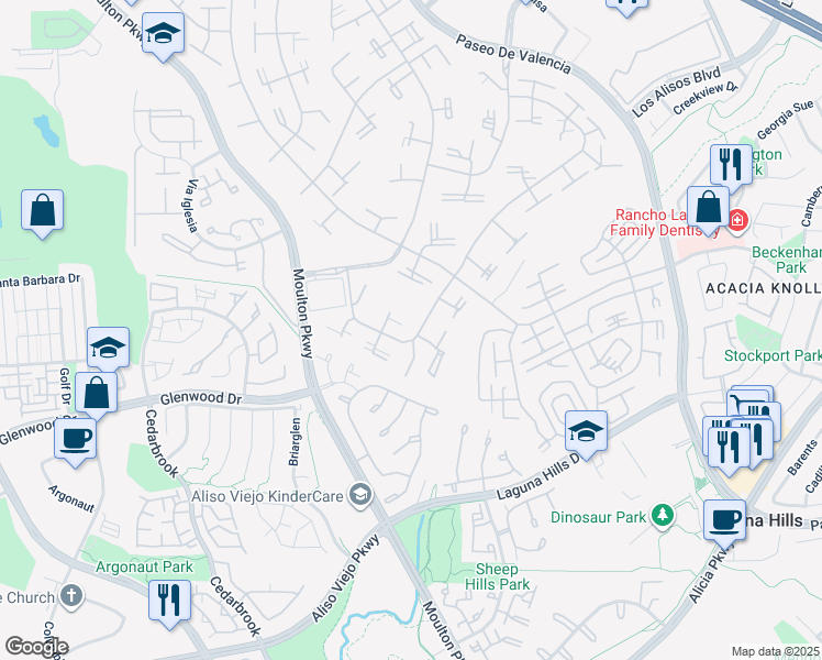 map of restaurants, bars, coffee shops, grocery stores, and more near 724 Avenida Majorca in Laguna Woods