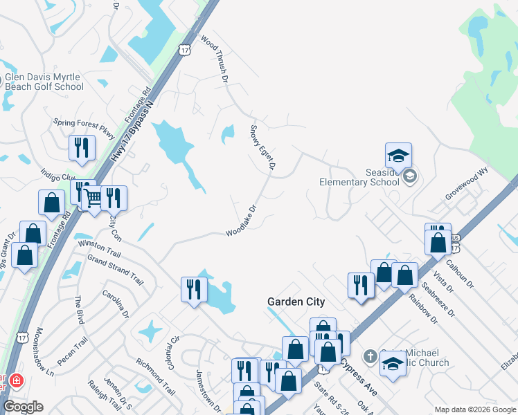 map of restaurants, bars, coffee shops, grocery stores, and more near 139 Woodlake Drive in Murrells Inlet