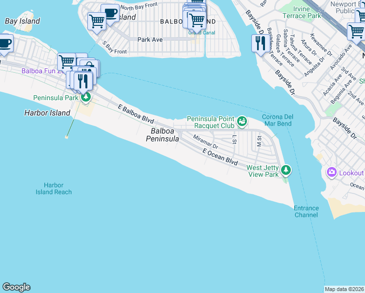 map of restaurants, bars, coffee shops, grocery stores, and more near 1504 East Ocean Boulevard in Newport Beach