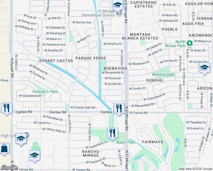 map of restaurants, bars, coffee shops, grocery stores, and more near 12421 West Scotts Drive in El Mirage