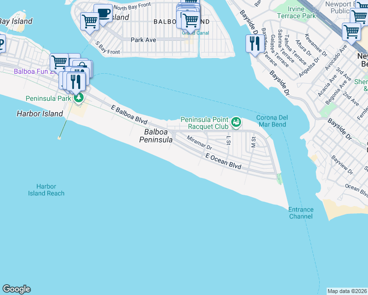 map of restaurants, bars, coffee shops, grocery stores, and more near 1537 East Ocean Boulevard in Newport Beach