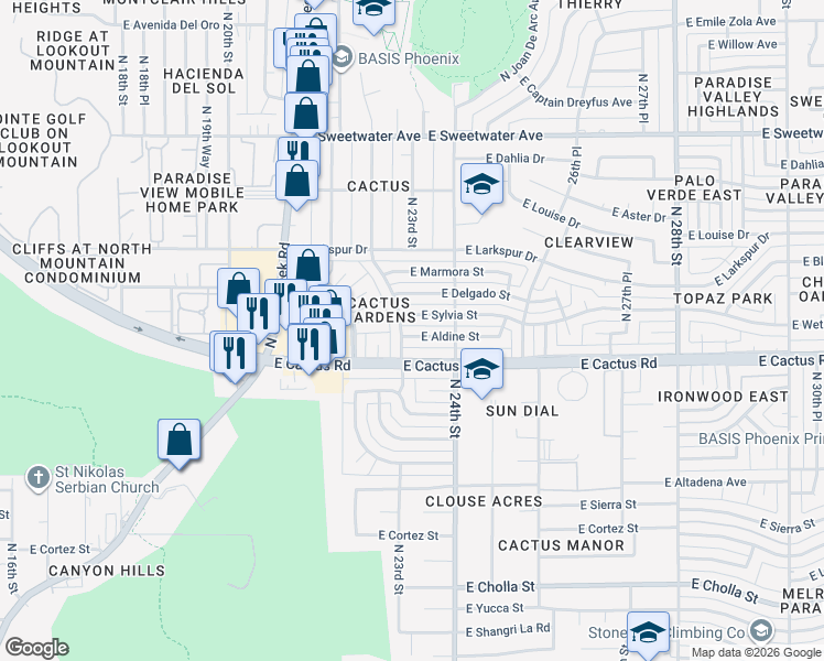 map of restaurants, bars, coffee shops, grocery stores, and more near 2314 East Sylvia Street in Phoenix