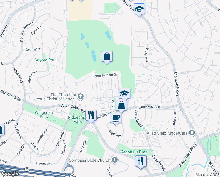 map of restaurants, bars, coffee shops, grocery stores, and more near 37 Golf Drive in Aliso Viejo