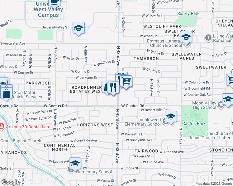 map of restaurants, bars, coffee shops, grocery stores, and more near 4310 West Charter Oak Road in Glendale