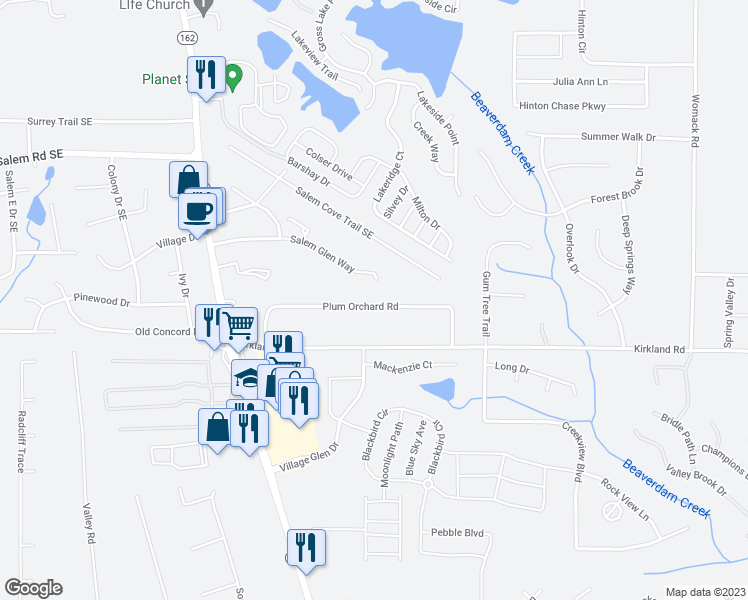 map of restaurants, bars, coffee shops, grocery stores, and more near 100 Plum Orchard Road in Covington