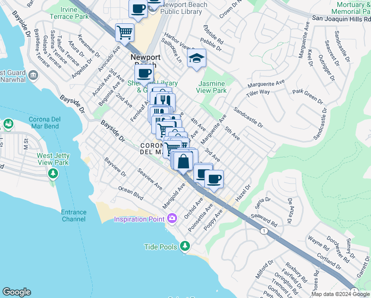 map of restaurants, bars, coffee shops, grocery stores, and more near in Newport Beach