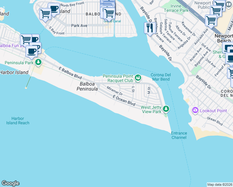 map of restaurants, bars, coffee shops, grocery stores, and more near 1585 Miramar Drive in Newport Beach