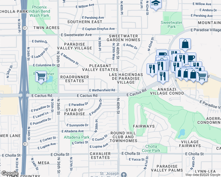 map of restaurants, bars, coffee shops, grocery stores, and more near 12232 North 39th Place in Phoenix