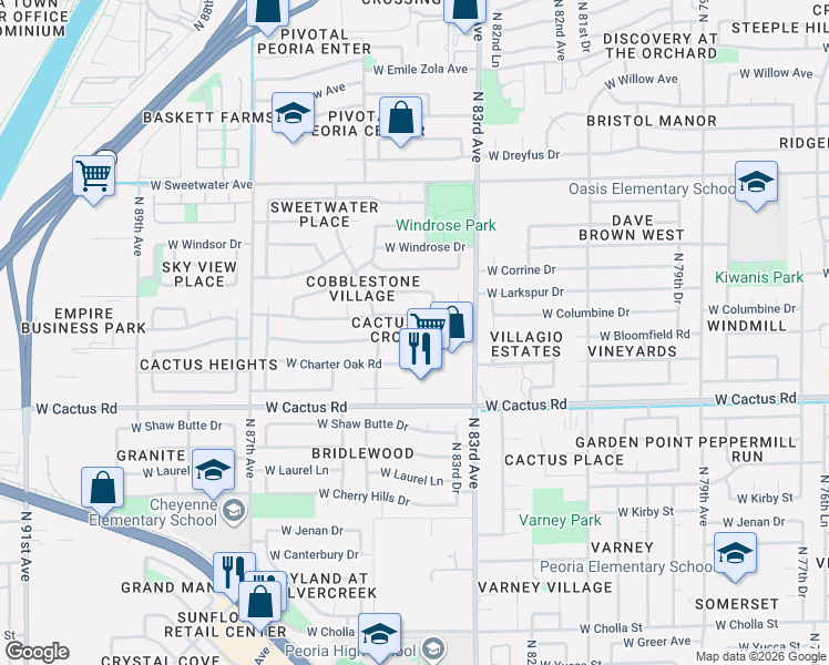 map of restaurants, bars, coffee shops, grocery stores, and more near 8414 West Columbine Drive in Peoria