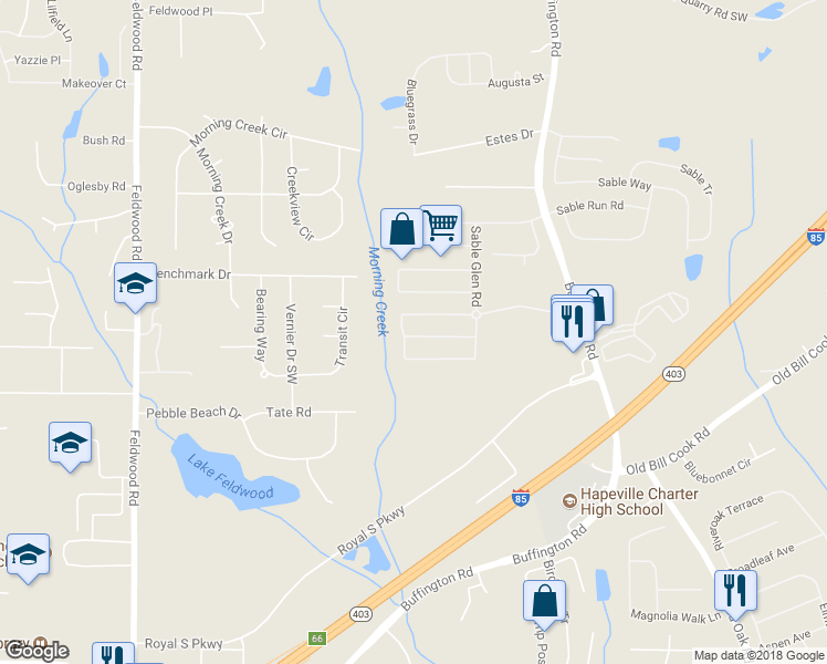 map of restaurants, bars, coffee shops, grocery stores, and more near 3485 Carriage Chase Road in Atlanta