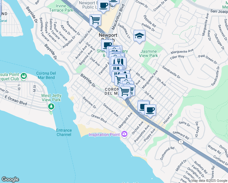 map of restaurants, bars, coffee shops, grocery stores, and more near 2 Maritime Drive in Newport Beach
