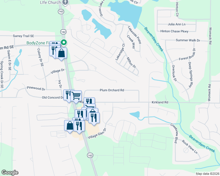 map of restaurants, bars, coffee shops, grocery stores, and more near 120a Plum Orchard Road in Covington
