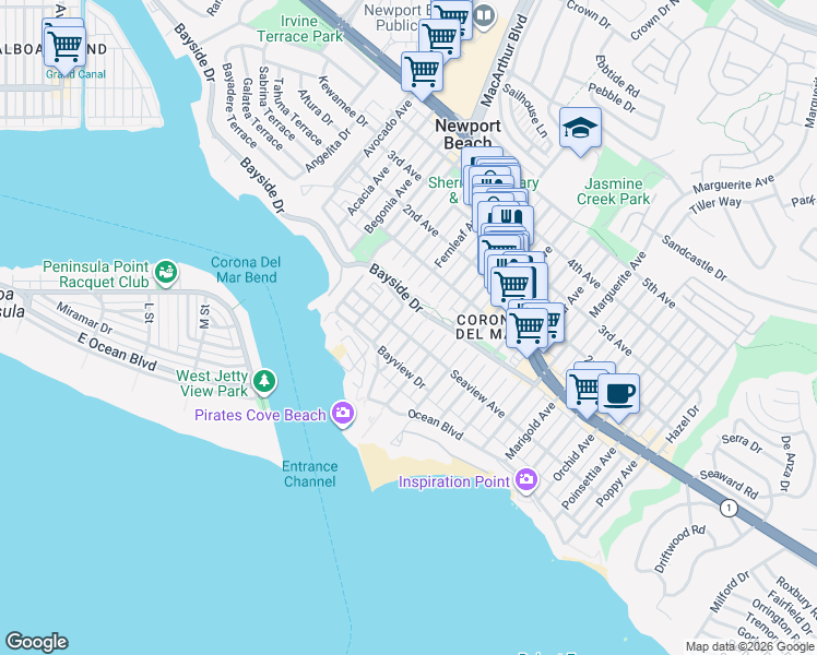 map of restaurants, bars, coffee shops, grocery stores, and more near Goldenrod Avenue in Newport Beach