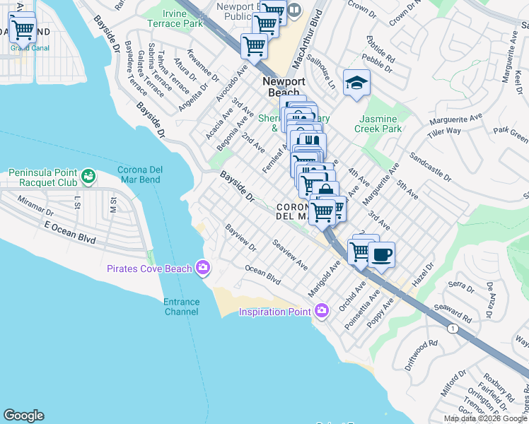 map of restaurants, bars, coffee shops, grocery stores, and more near 2801 Bayside Drive in Newport Beach