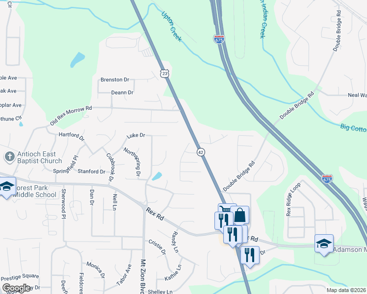 map of restaurants, bars, coffee shops, grocery stores, and more near 5753 Amerson Lane in Ellenwood