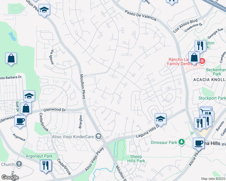 map of restaurants, bars, coffee shops, grocery stores, and more near 724 Avenida Majorca in Laguna Woods