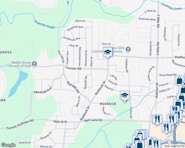 map of restaurants, bars, coffee shops, grocery stores, and more near 9869 Greenlee Road in Birmingham