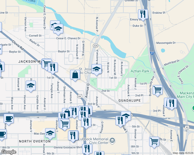 map of restaurants, bars, coffee shops, grocery stores, and more near 101 North Avenue P in Lubbock