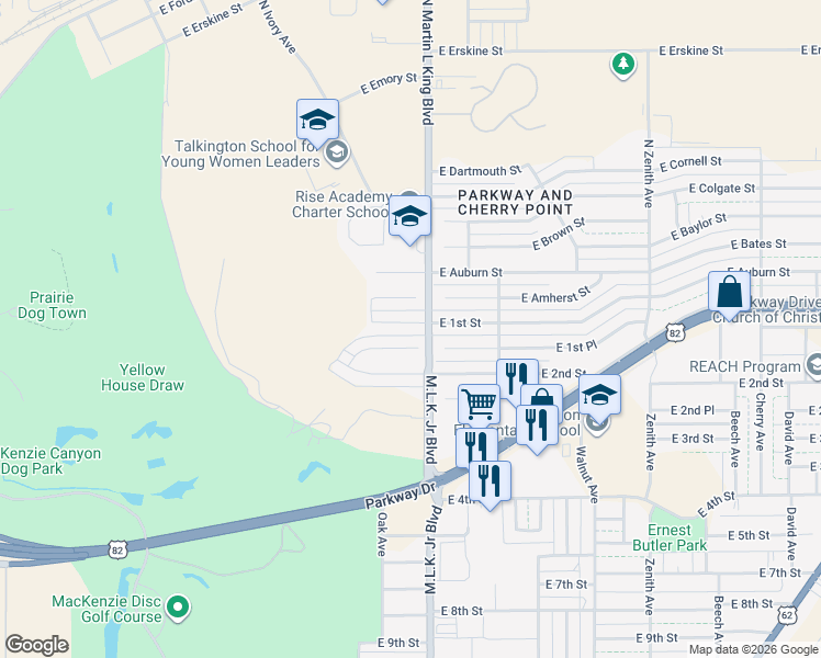 map of restaurants, bars, coffee shops, grocery stores, and more near 101-199 North Martin L King Boulevard in Lubbock