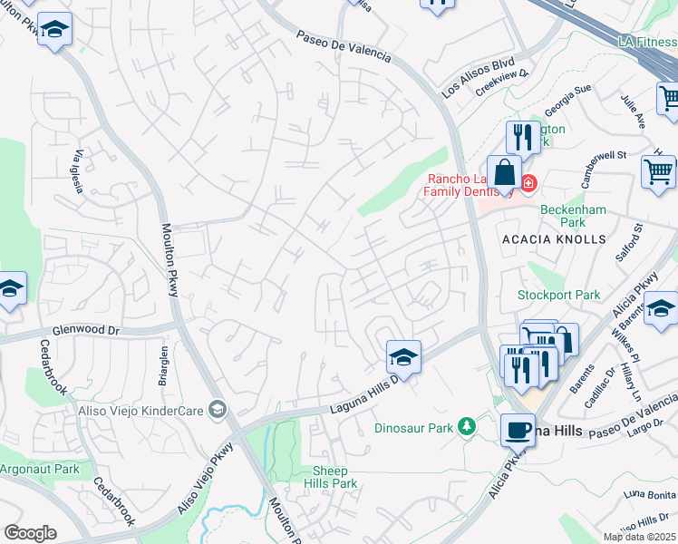 map of restaurants, bars, coffee shops, grocery stores, and more near 837 Ronda Sevilla in Laguna Woods