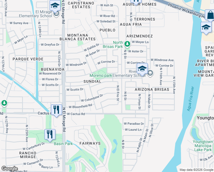 map of restaurants, bars, coffee shops, grocery stores, and more near 11954 West Larkspur Road in El Mirage