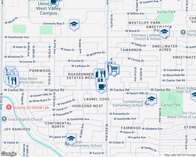 map of restaurants, bars, coffee shops, grocery stores, and more near 12415 North 44th Drive in Glendale