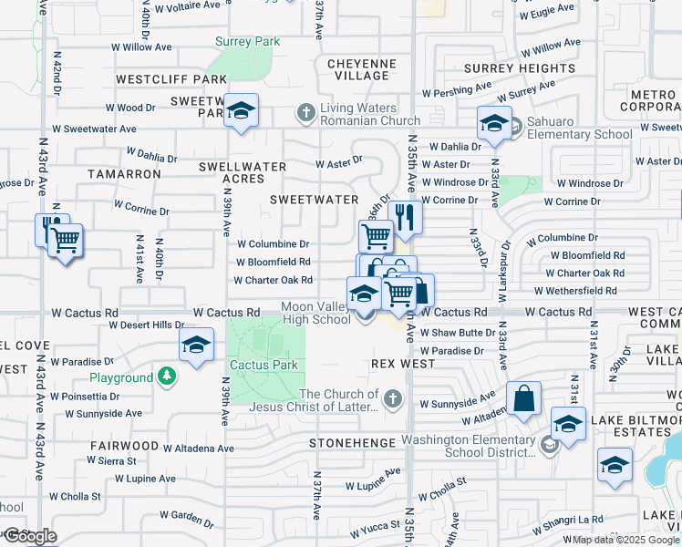 map of restaurants, bars, coffee shops, grocery stores, and more near 3628 West Charter Oak Road in Phoenix