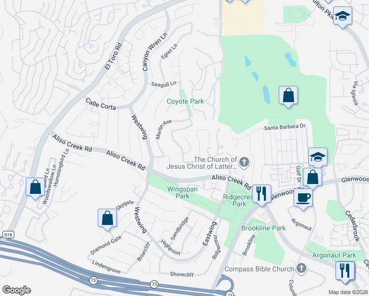 map of restaurants, bars, coffee shops, grocery stores, and more near 22 Larkspur Drive in Aliso Viejo