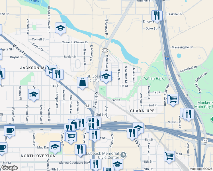 map of restaurants, bars, coffee shops, grocery stores, and more near 102 North Avenue P in Lubbock