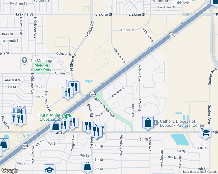 map of restaurants, bars, coffee shops, grocery stores, and more near Texas 289 Loop Frontage Road in Lubbock