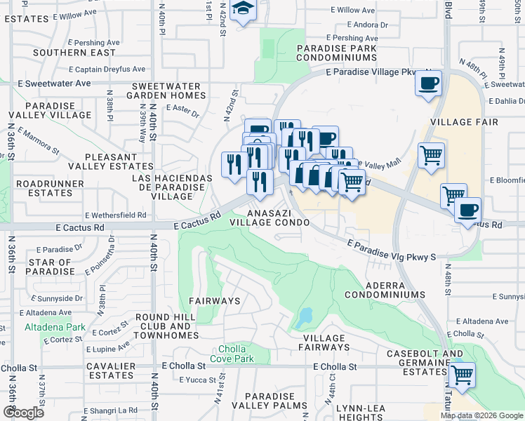 map of restaurants, bars, coffee shops, grocery stores, and more near 4516 East Lupine Avenue in Phoenix