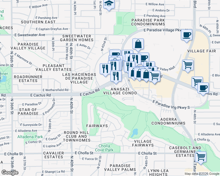 map of restaurants, bars, coffee shops, grocery stores, and more near 4242 East Cactus Road in Phoenix