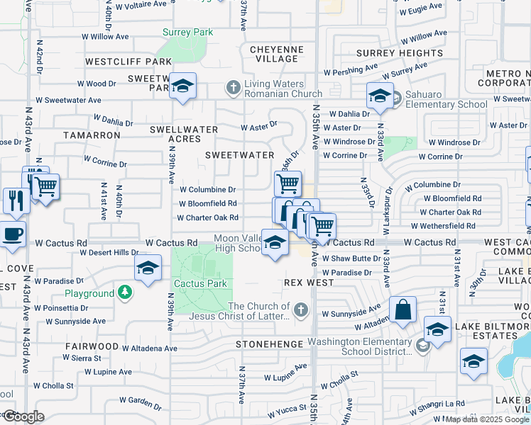 map of restaurants, bars, coffee shops, grocery stores, and more near 3628 West Charter Oak Road in Phoenix