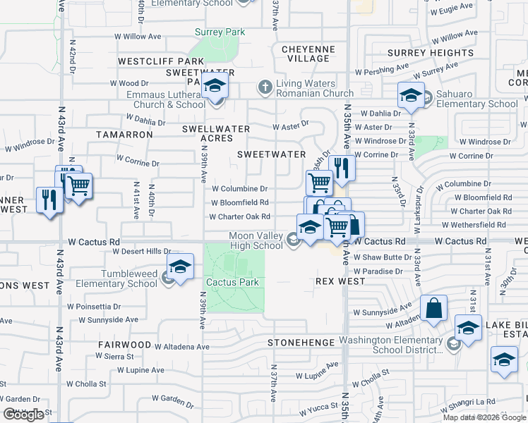 map of restaurants, bars, coffee shops, grocery stores, and more near 3702 West Bloomfield Road in Phoenix