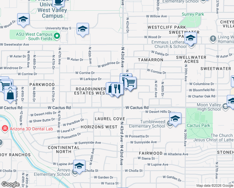 map of restaurants, bars, coffee shops, grocery stores, and more near 4309 West Bloomfield Road in Glendale