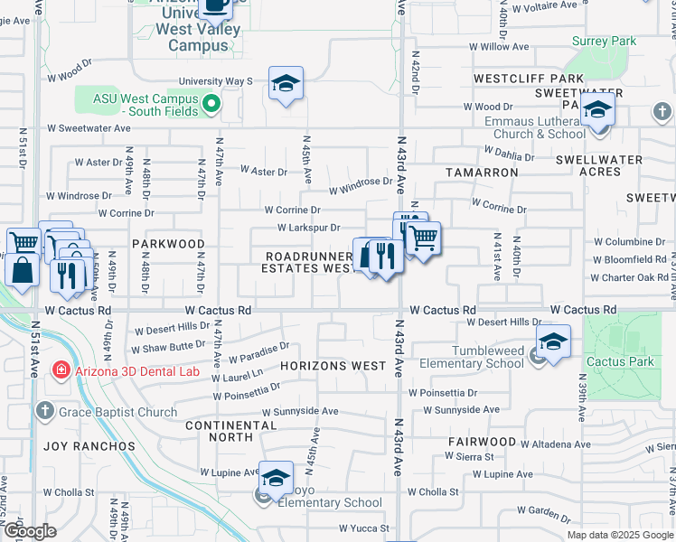 map of restaurants, bars, coffee shops, grocery stores, and more near 12414 North 44th Lane in Glendale