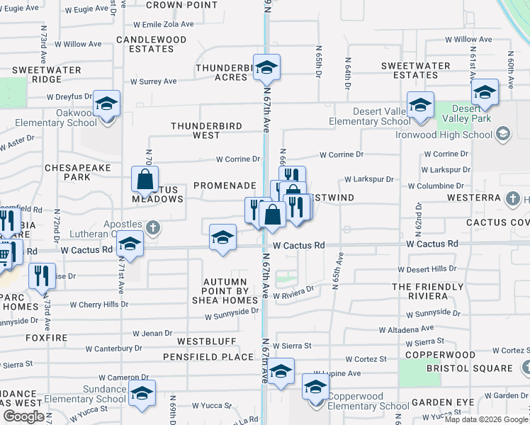 map of restaurants, bars, coffee shops, grocery stores, and more near 6707 West Bloomfield Road in Peoria